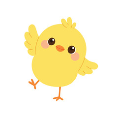 Cute chick with open wings waving. Playful chicken character for kids design. Flat vector illustration isolated on white background.