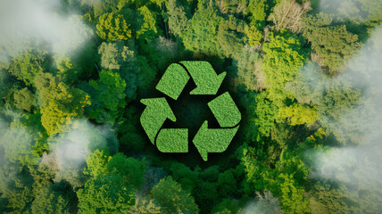 Green grass textured recycling symbol placed over a lush forest canopy veiled by soft mist illustrating environmental care and sustainability
