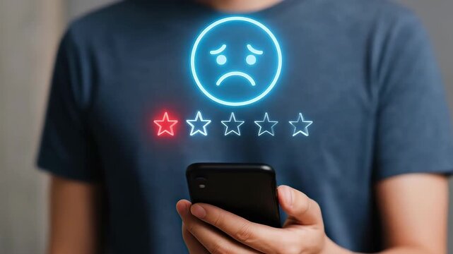 Low Rating Blues: Person holding smartphone expresses disappointment with a one-star review, highlighted by a sad emoji icon.
