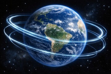 Obraz premium Earth sphere with illuminating light trails orbiting globe, representing global connectivity, networks, and communication technology
