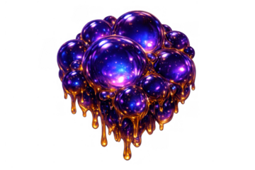 Purple cosmic spheres melting golden liquid, creating an abstract and unique visual. Transparent background