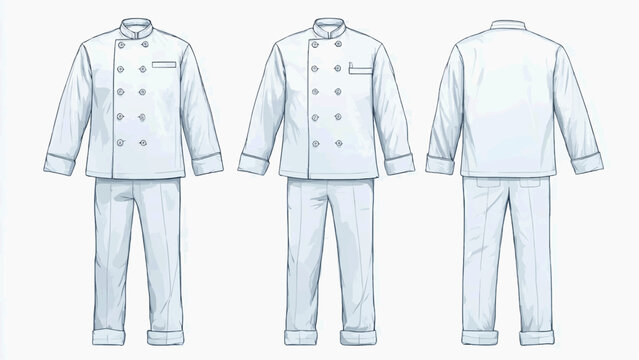 Fashion illustration shows a chef's uniform with jacket and pants from front and back views
