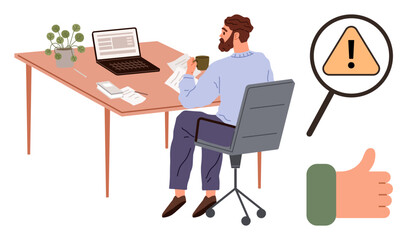 Workplace productivity, risk analysis, decision making, business evaluation, communication tools, work-life balance. A man reviewing sheets by a laptop. Risk analysis and business evaluation concept