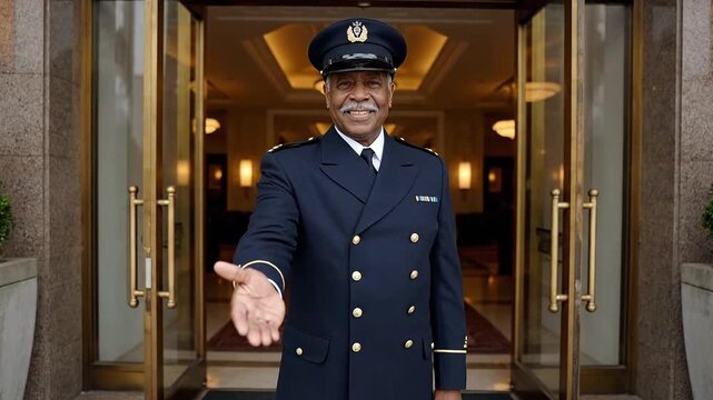 Friendly doorman extends a welcoming hand gesture at hotel entrance