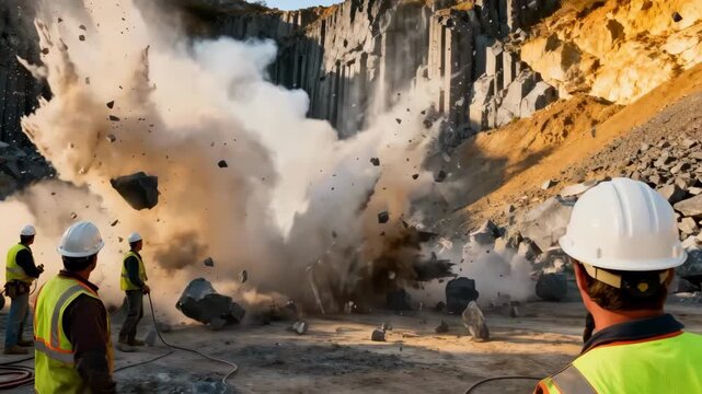 Medium shot of industrial workers safely detonating explosives in basalt rock quarry capturing dynamic blast effects and rugged terrain.