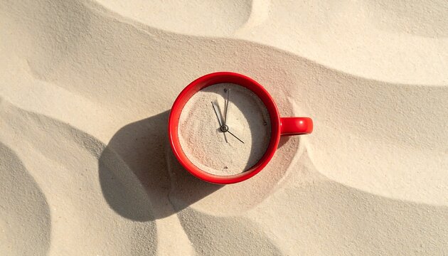 A red ceramic cup, with clock-face design and sand filling, sits atop textured, light-colored, dune-like surface. The shadow is visible
