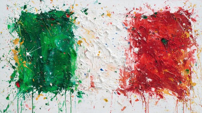 Vibrant abstract Italian flag artwork with textured brushstrokes and splattered paint on a white canvas, expressing freedom, passion, and artistic flair in an action painting style.