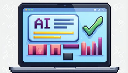Pixel art laptop displays AI interface with charts, checkmark and colorful data blocks.