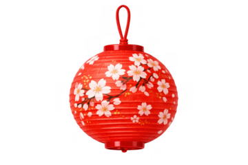 Red japanese paper lantern with pink sakura blossoms, traditional asian festival decoration, cultural symbol of spring