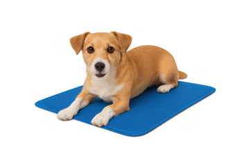 Dog resting on cooling mat getting heat relief
