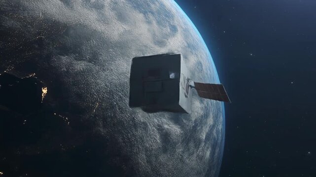 Miniature CubeSat satellite tumbles slowly in orbit above Earth