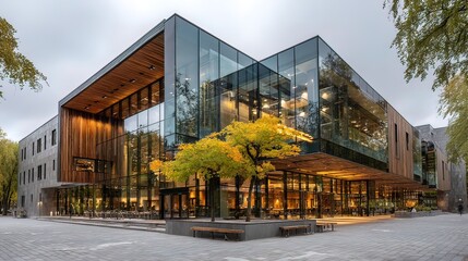 Modern glass building with wooden facade