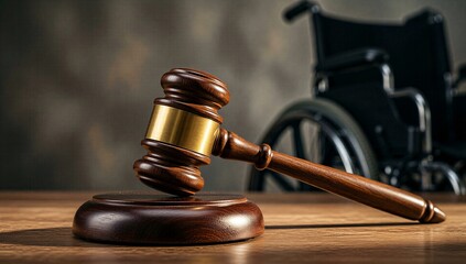 Wooden gavel rests on table, wheelchair blurred in backgroundsymbolizing justice and disability rights.