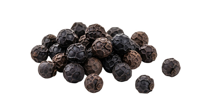 A pile of black peppercorns on transparent background