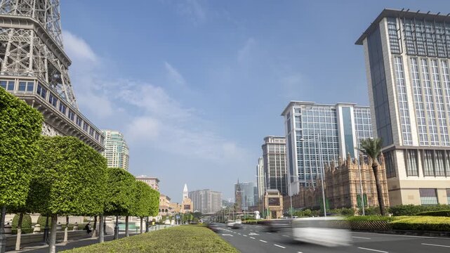 amazing macau casino skyline with replica of eiffel tower