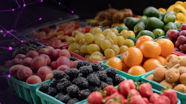 Medium shot of diverse commodities like fruits cereals and oils monitored via blockchainenabled decentralized trading platform supporting direct producerconsumer interaction.
