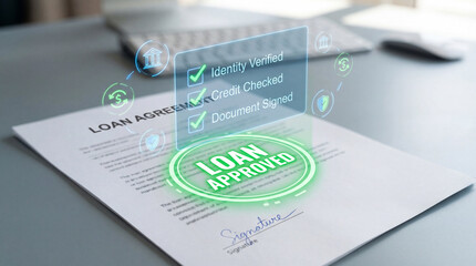 Loan approved document with green verified checklist on desk