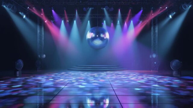 Dynamic stage setup with vibrant lighting and a reflective dance floor, showcasing a spinning disco ball, creating an energetic atmosphere for a lively event or performance