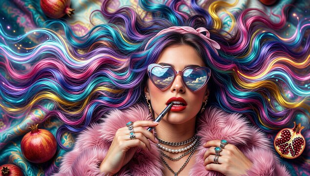 Vibrant, rainbow-haired woman in heart sunglasses and pink fur coat amidst pomegranates.