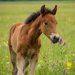 Fototapeta premium Adorable Brown Foal in a Wildflower Meadow