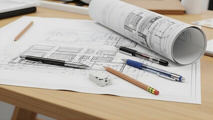A wooden desk with architectural blueprints and drafting tools on transparent background