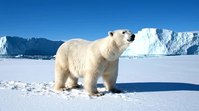 Polar bear walks across snow in icy landscape