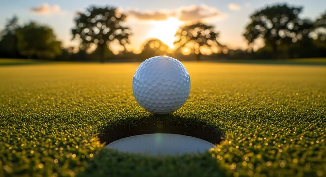 Golf ball near hole on green fairway at sunset bright sun shining trees in background close up beautiful day golf course putting green sport recreation hobby leisure activity outdoor nature