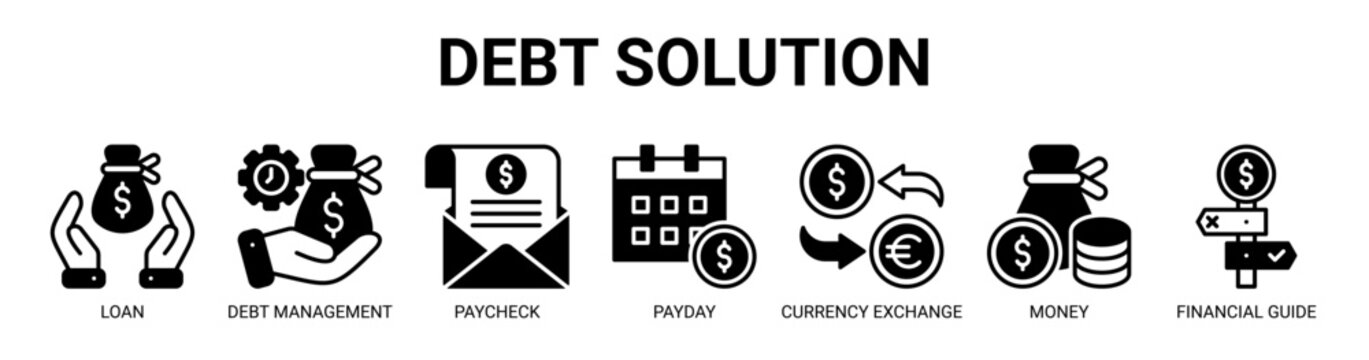 Debt Solution web banner icon vector illustration concept with icon of loan, debt management, paycheck, payday, currency exchange, money, and financial guide.