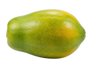 A single, unripe green papaya with yellow patches isolated background