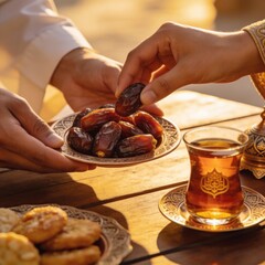 Hands Passing Dates with Tea and Traditional Treats in Warm Light during Cultural Gathering