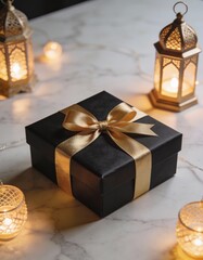 Elegant Black Gift Box with Golden Ribbon Surrounded by Lanterns and Warm Fairy Lights