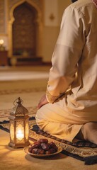 Man Sitting in Prayer Pose Next to Lantern and Plate of Dates in a Mosque Interior Setting
