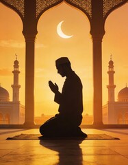 Serene Prayer Silhouette Against Sunset in an Elegant Mosque Setting with Crescent Moon