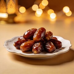 Delicious Medjool Dates on a White Plate with Warm Lights in the Background