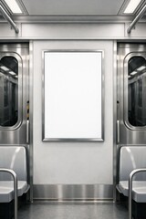 Empty Subway Car Interior with Blank Advertising Panel and Metal Structure