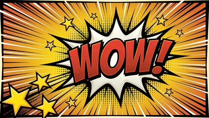 Vibrant comic-style "WOW!" explosion with stars, bold colors and dynamic radial lines.