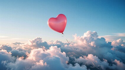 Pink heart balloon floats above fluffy clouds under clear blue sky.