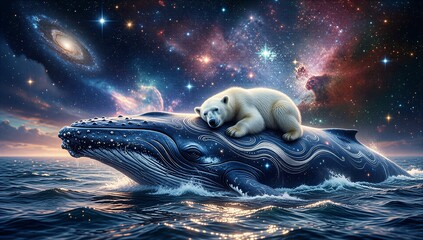 Polar bear rests on whale in starry ocean, cosmic galaxies swirl above.