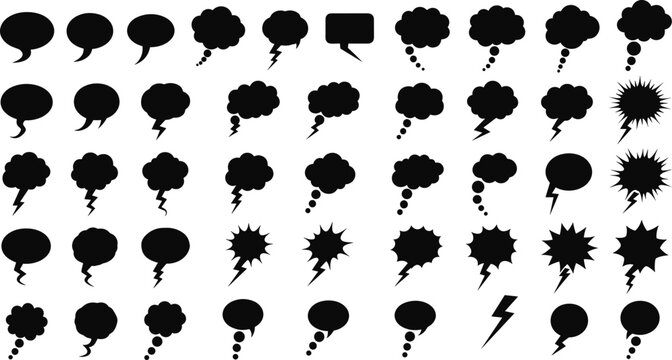 Collection of Black Speech Bubbles and Thought Clouds