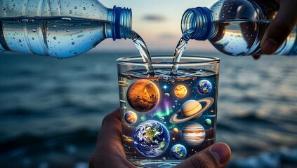 Hands pour cosmic water into glass filled with planets, ocean backdrop.