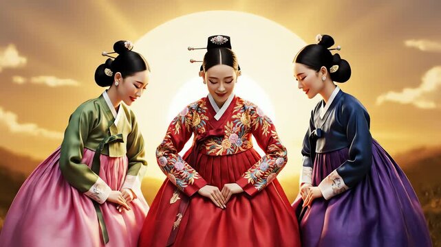 Three elegant Korean women in vibrant hanbok dresses bowing gracefully against a golden sunset for cultural heritage concept and traditional display