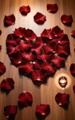 Red rose petals form heart, golden ring nestled within on wooden surface.