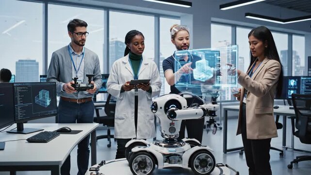 Diverse team collaborates on advanced robot prototype using holographic display in modern laboratory setting