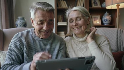 Elderly couple enjoys tablet on cozy couch: smiling, learning, and bonding at home - Powered by Adobe