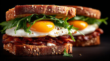 Stacked Breakfast Sandwich: Toasted Whole Wheat Bread, Bacon, Fried Eggs, and Arugula on Dark Background, Close-up, Delicious Brunch, Gourmet Food, Culinary Presentation