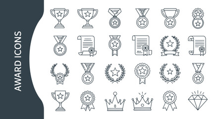 Set of various award and trophy icons in outline style.