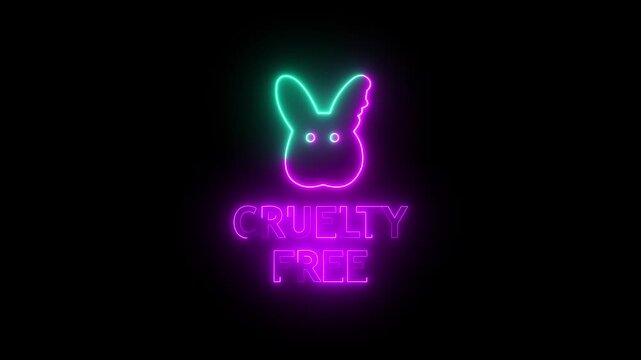 Neon bunny logo with glowing &ldquo;Cruelty Free&rdquo; text animation symbolizing ethical, animal-testing-free products and responsible branding. The luminous neon line style on a dark background