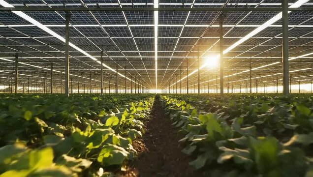 Agrivoltaic system with solar panels over crops at sunset.