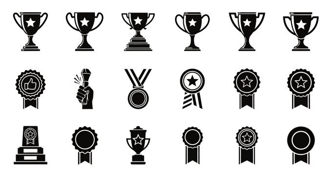 Set of various black trophy and award icons representing achievement and recognition.