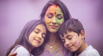 Obraz premium Festive Family Hug with Colorful Powder on Mother's Day Celebration